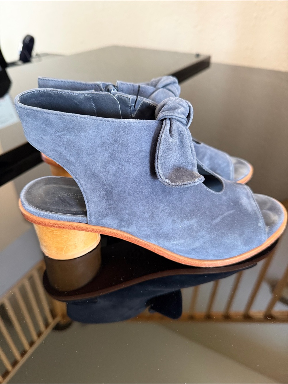 Bernardo Slate Blue Suede Knot Heel Sandals